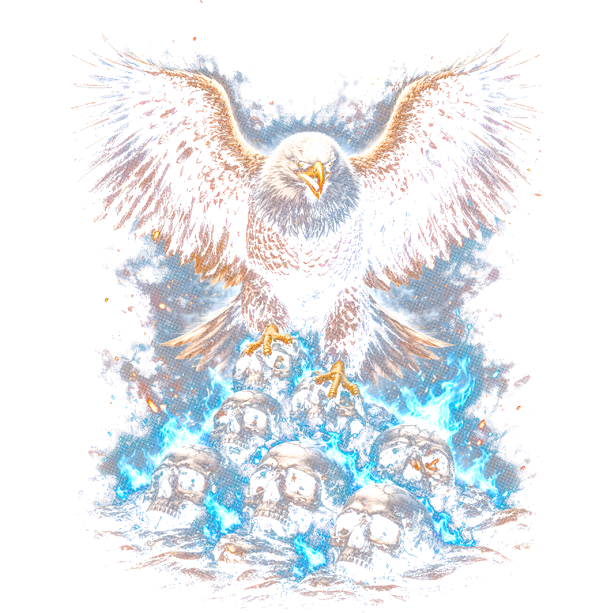 Aigle ailes déployées crânes flamme bleue