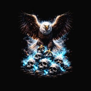 Aigle ailes déployées crânes flamme bleue