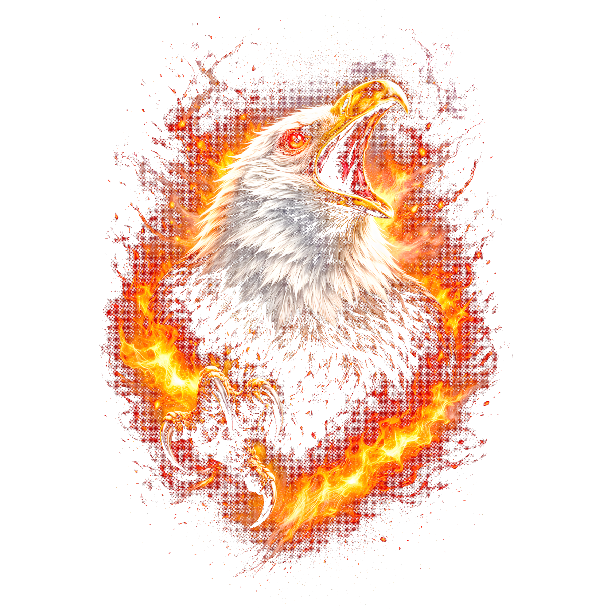 Aigle crête ouvert flammes ardentes