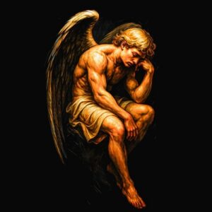 Ange pensif assis ailes déployées