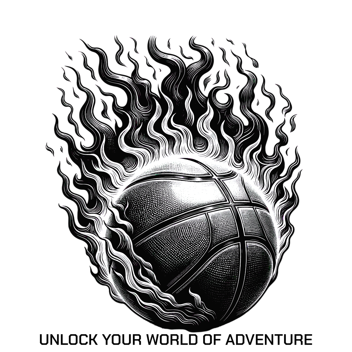 Basketball enflammé avec slogan aventure
