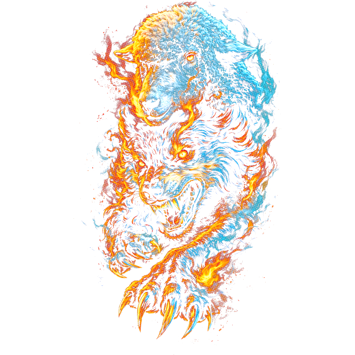 Bison et loup en flammes contrastées