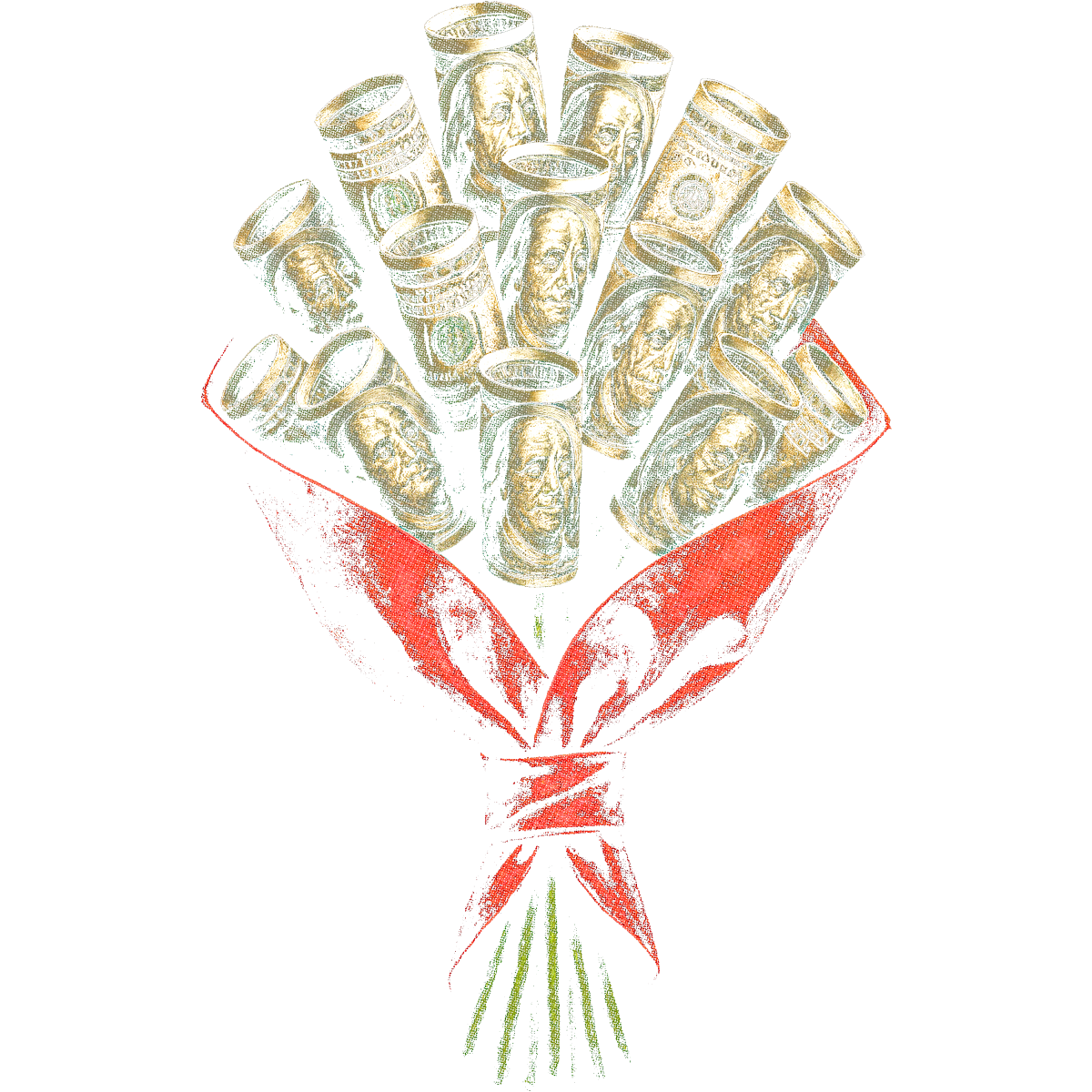 Bouquet de billets roulés rouges verts