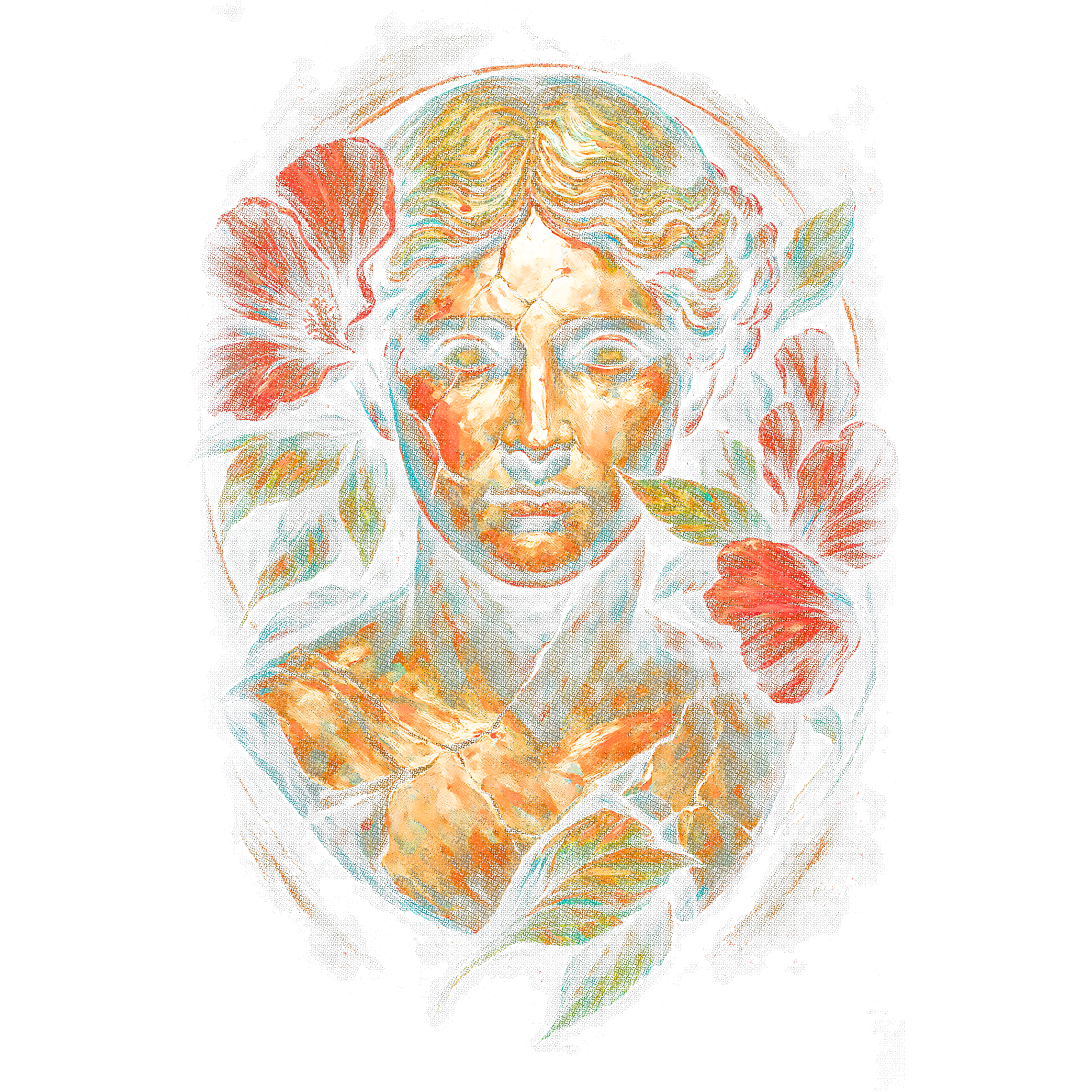 Buste ancien entouré de fleurs rouges
