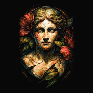 Buste ancien entouré de fleurs rouges