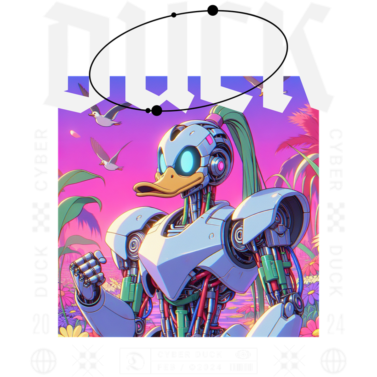 Canard robotique cybernétique décor fleurs