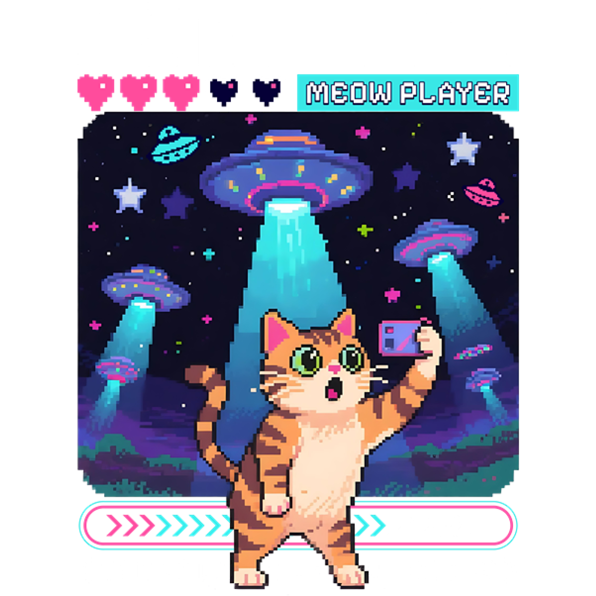 Chat pixel art selfie ovnis cœurs étoiles