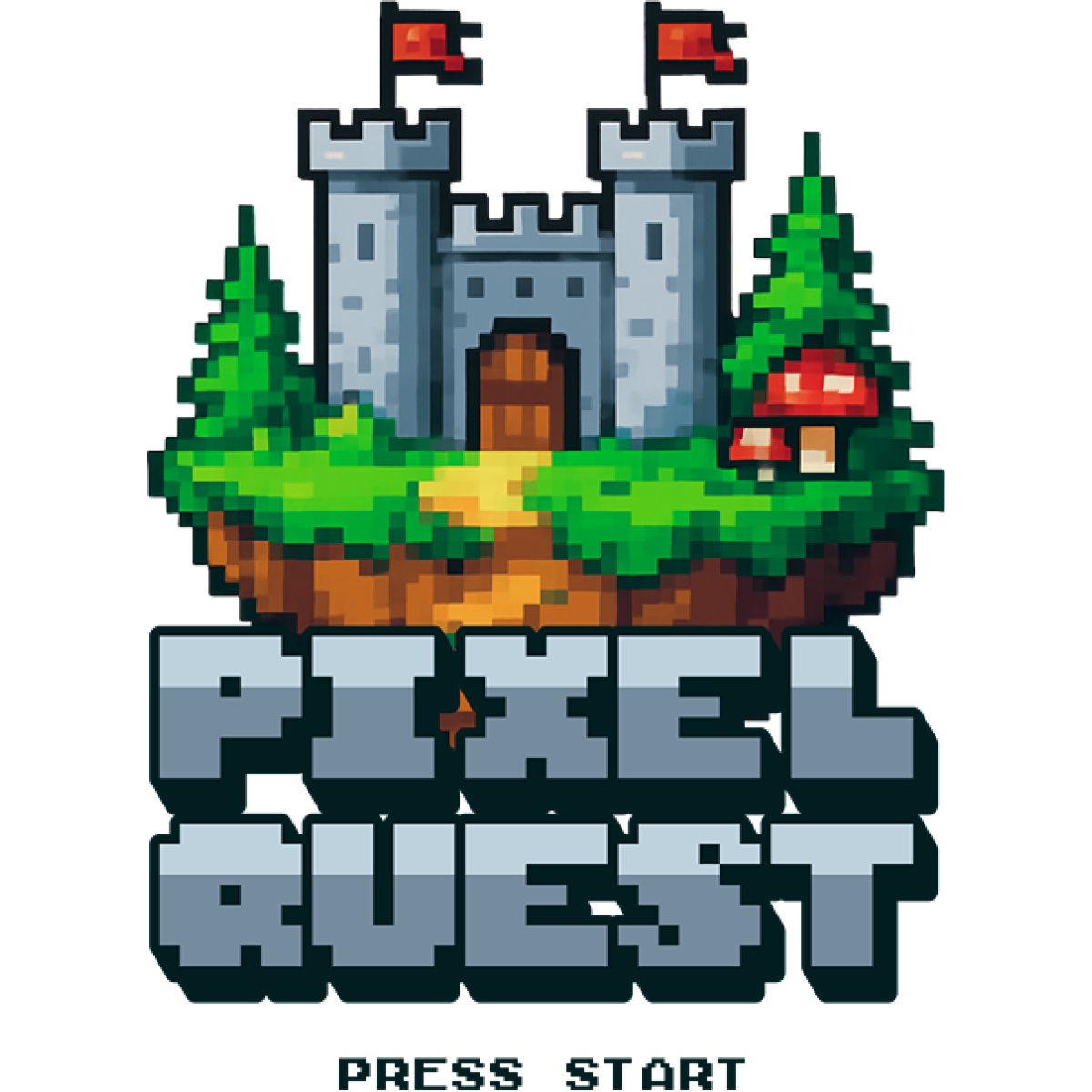 Château pixel arbres champignons texte jeu vidéo