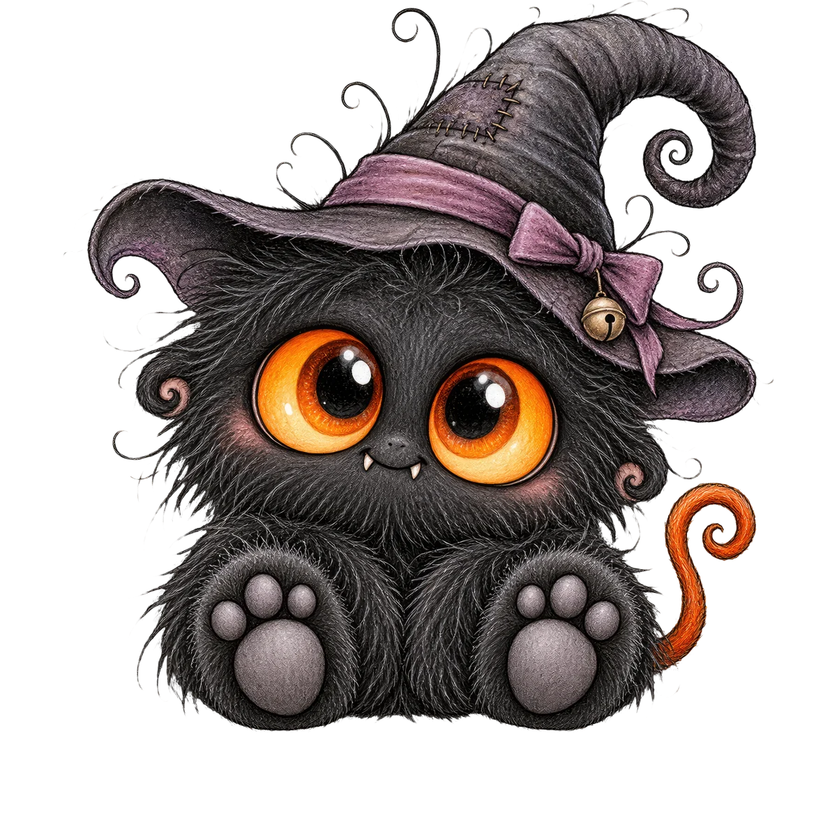 Chaton noir yeux orange chapeau sorcière