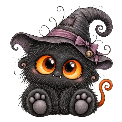 Chaton noir yeux orange chapeau sorcière