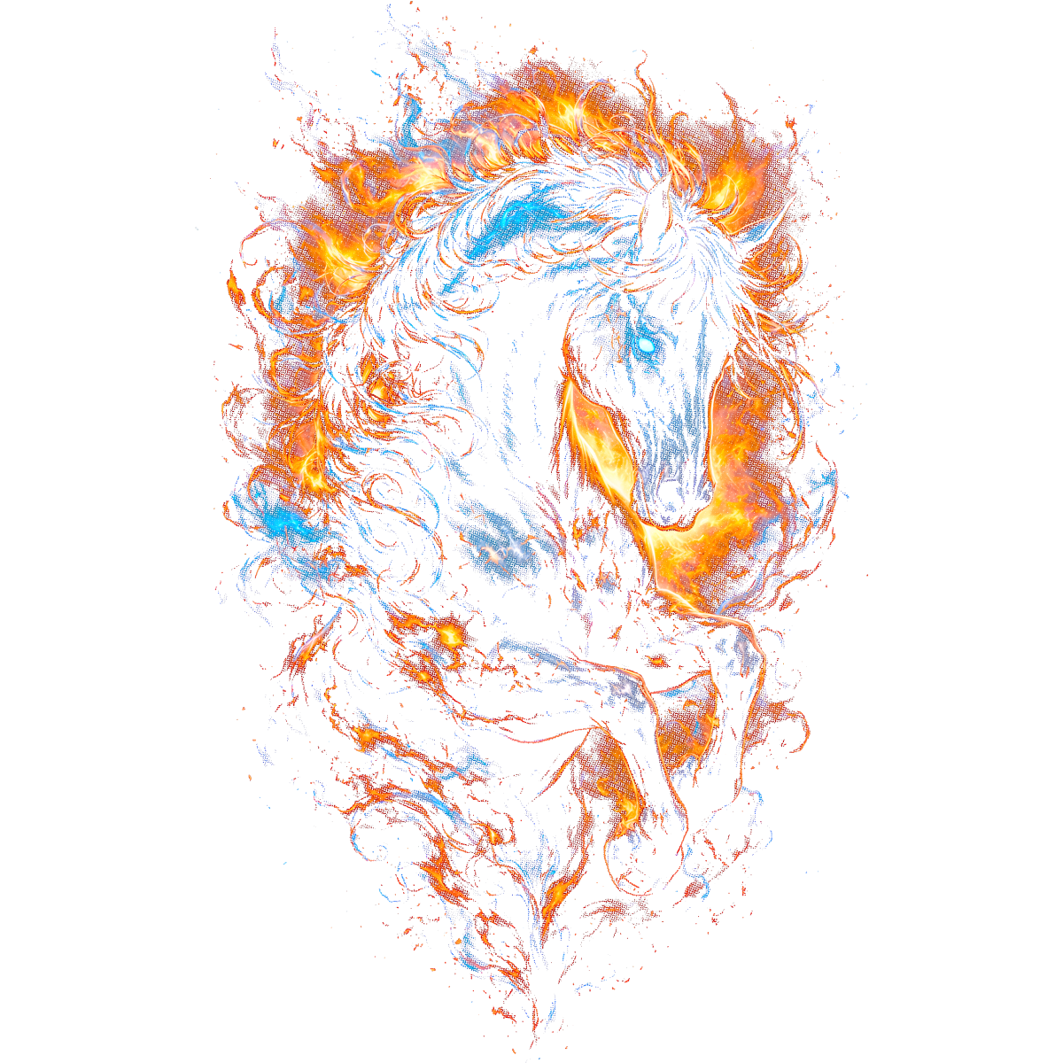 Cheval blanc au galop flammes bleues oranges
