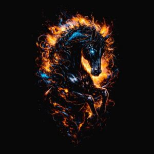 Cheval blanc au galop flammes bleues oranges