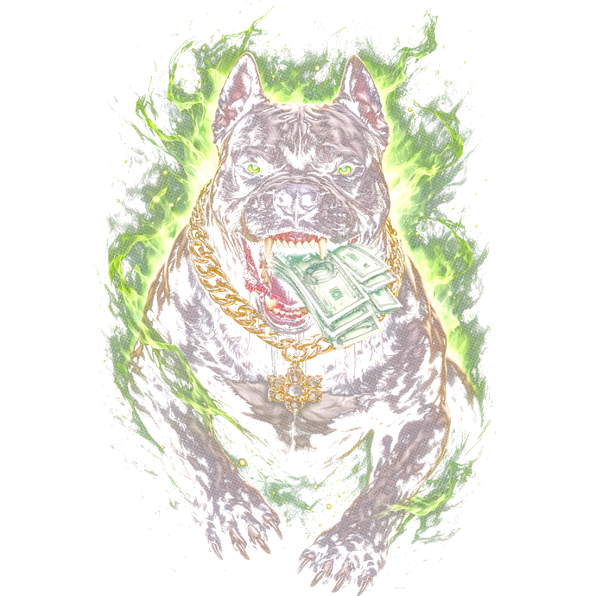 Chien avec billets collier chaîne or