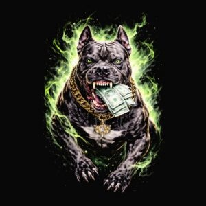 Chien avec billets collier chaîne or