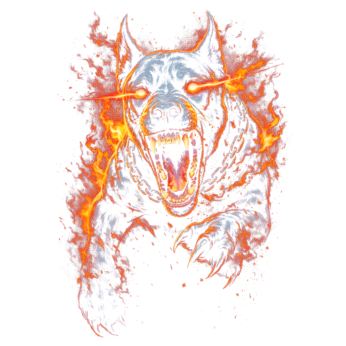 Chien enchaîné yeux feu rugissant ardent