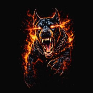 Chien enchaîné yeux feu rugissant ardent
