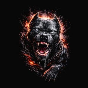 Chien hargneux chaînes et flammes éclatantes