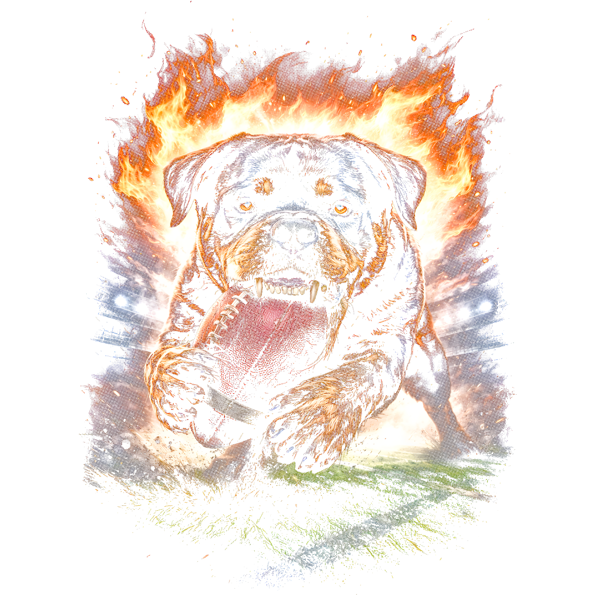 Chien mordant ballon flammes arrière-plan