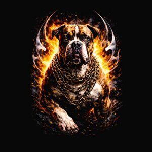 Chien puissant collier flammes art graphique