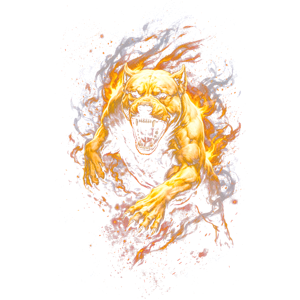 Chien puissant rugissant en flammes