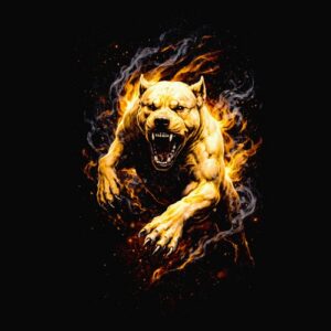 Chien puissant rugissant en flammes
