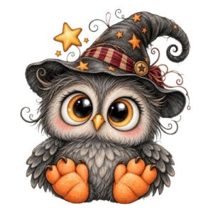 Chouette dessinée chapeau de sorcier étoiles