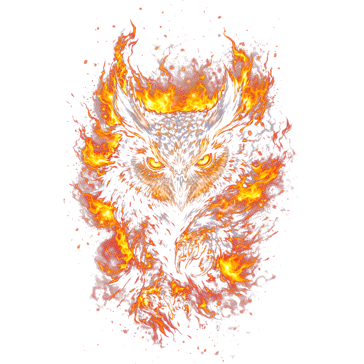 Chouette regard intense flammes orangées
