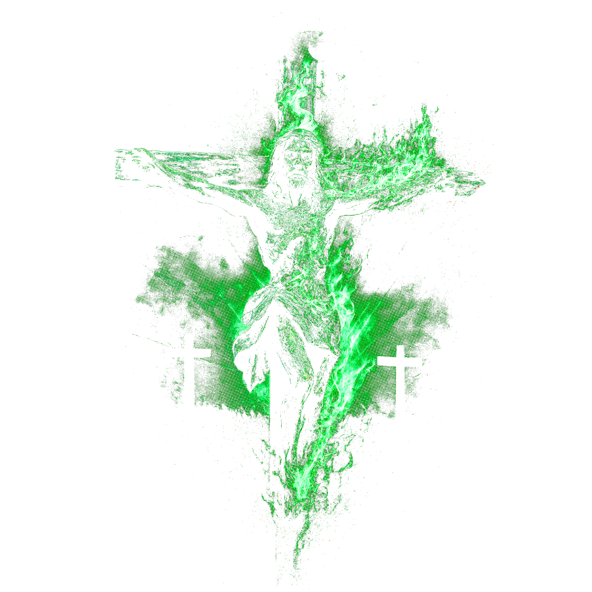 Christ crucifié avec flammes vertes