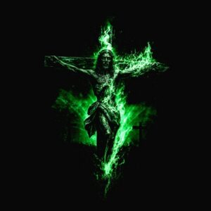 Christ crucifié avec flammes vertes