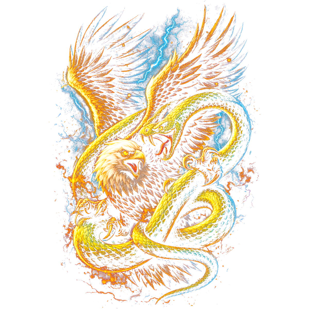 Combat aigle serpent éclairs oranger