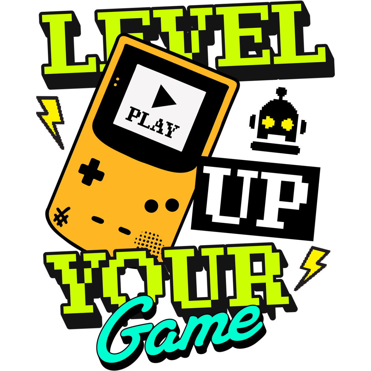 Console de jeu rétro level up éclairs robot