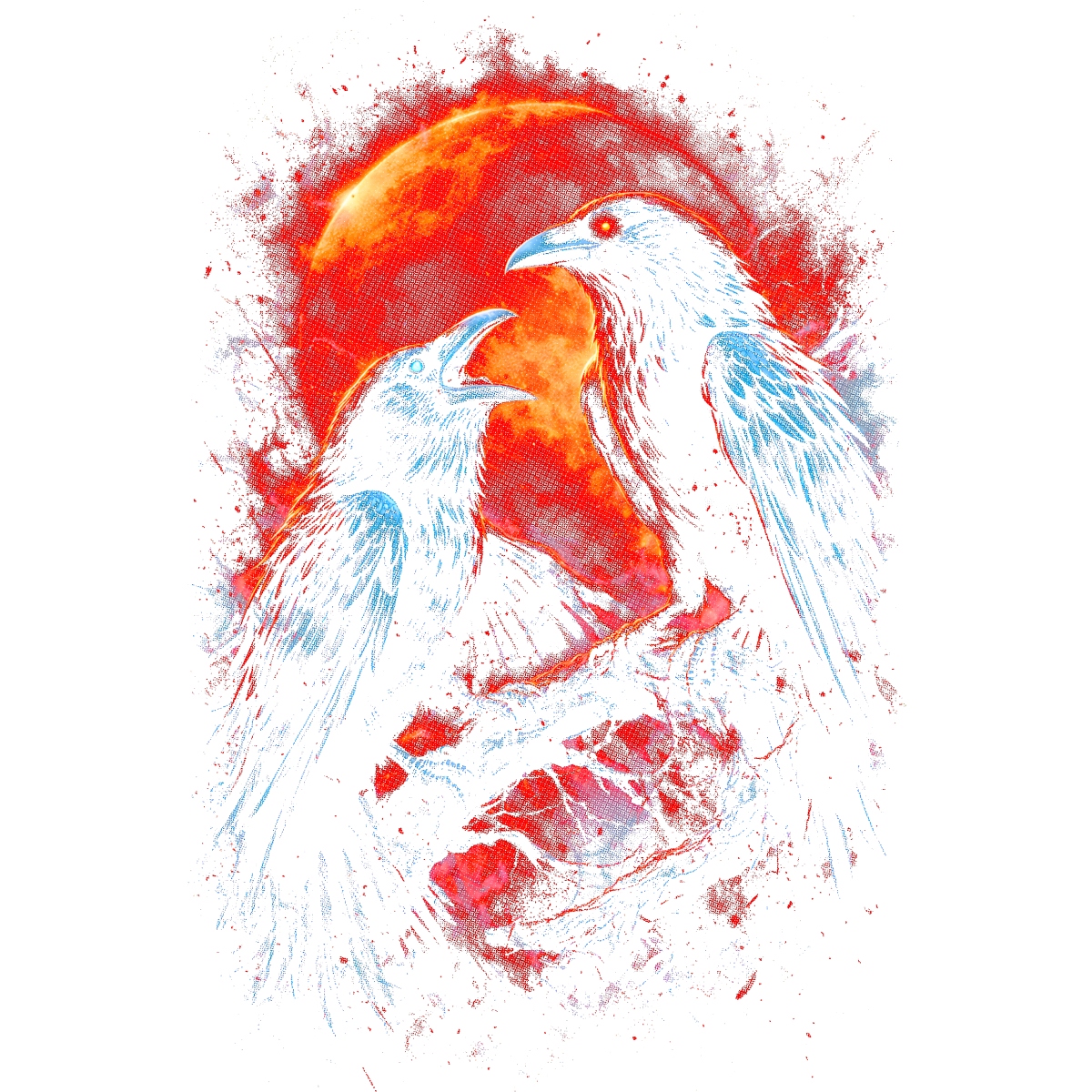 Corbeaux face à lune rouge flamboyante