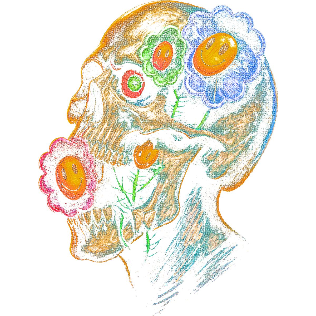 Crâne profil fleurs souriantes colorées