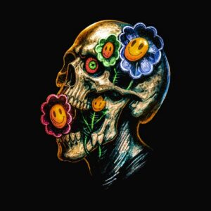 Crâne profil fleurs souriantes colorées