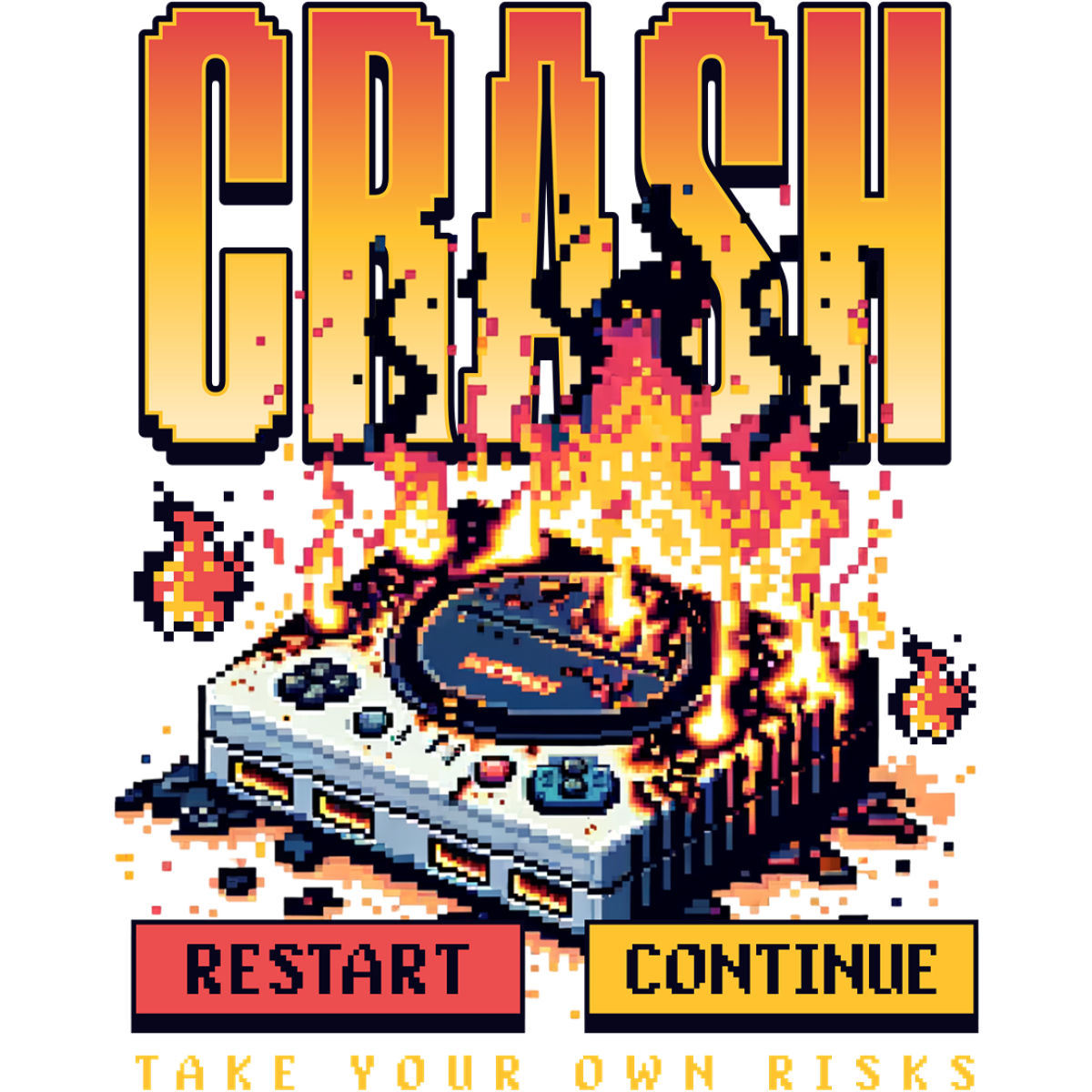 Crash Console vidéo en feu pixel art
