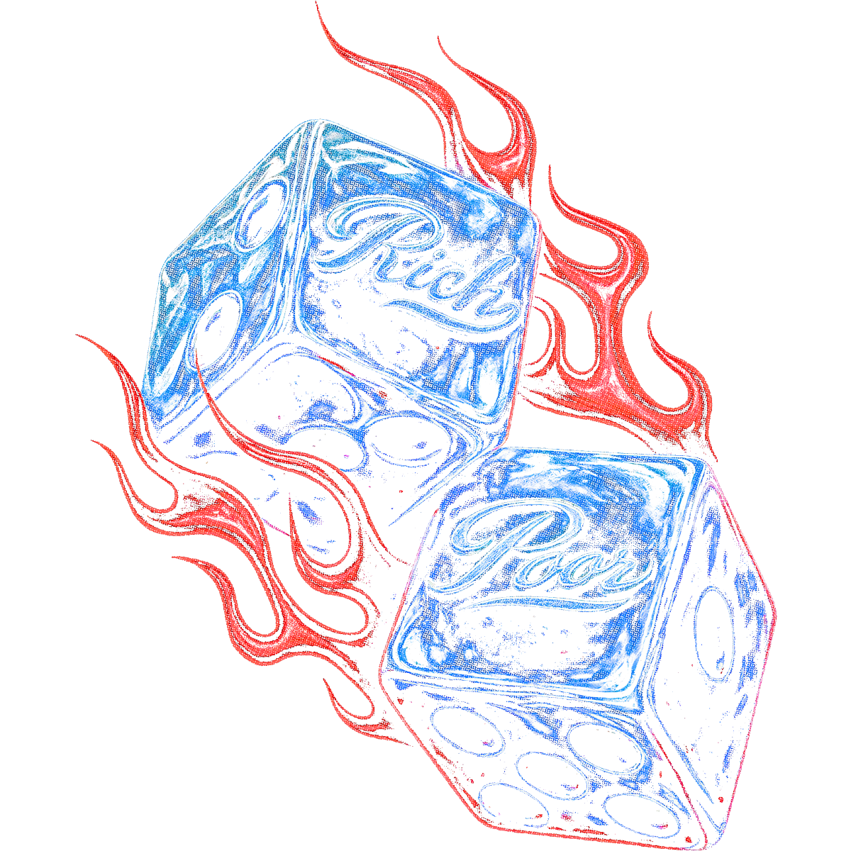 Dés bleu flammes rouge illustration style rétro