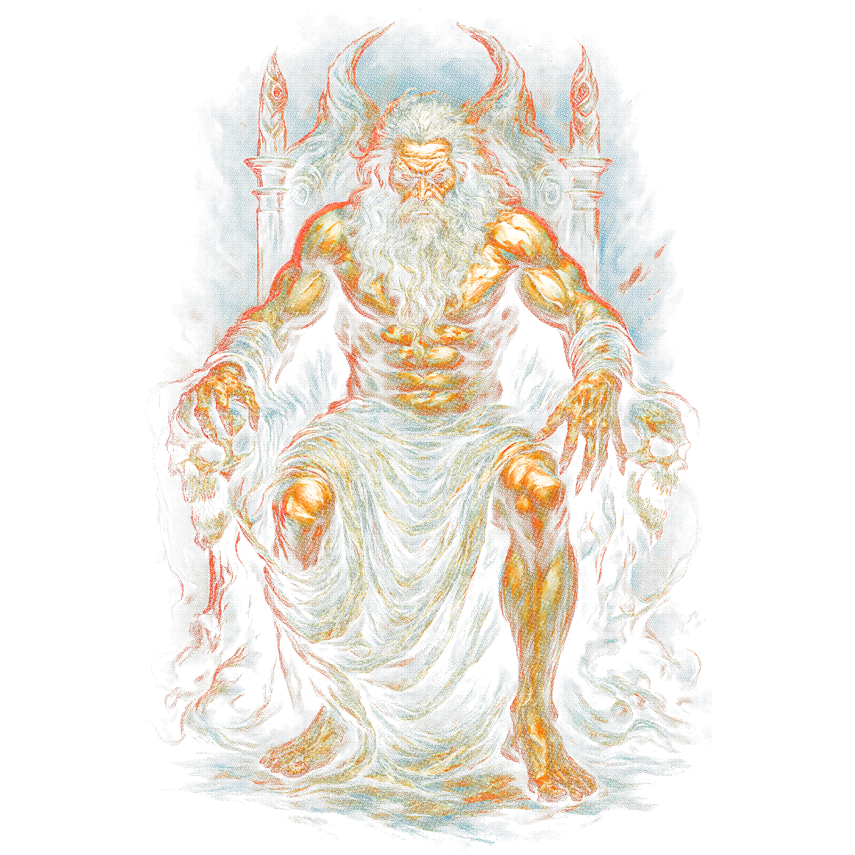 Dieu barbu musclé trônant majestueusement
