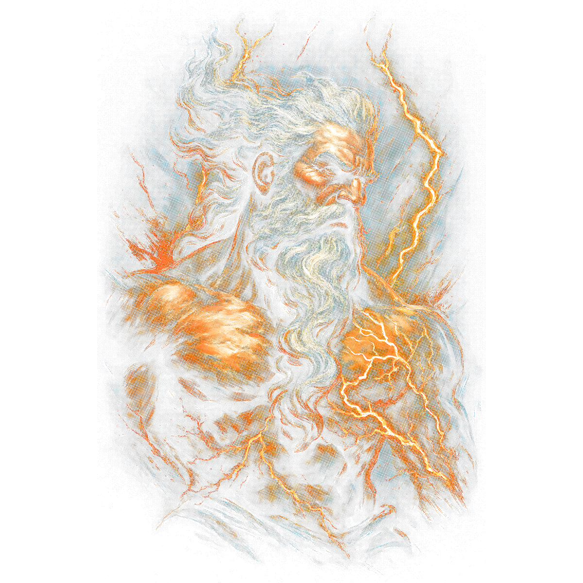 Dieu mythologique barbe longue éclairs énergétiques