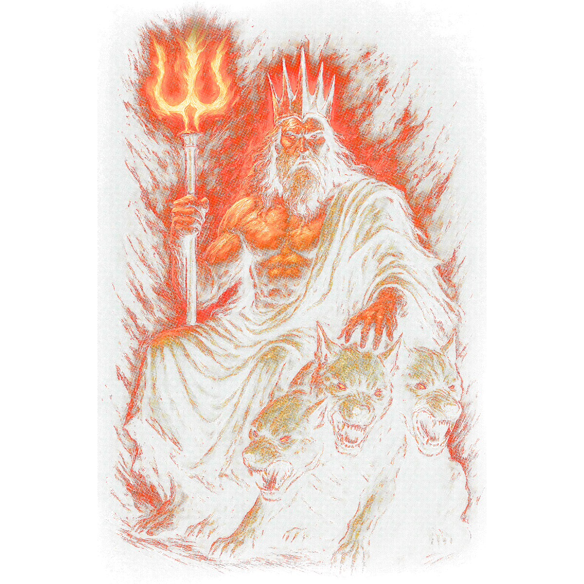 Dieu trône avec trident et chien Cerbère