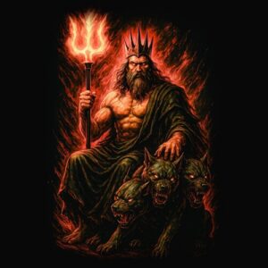 Dieu trône avec trident et chien Cerbère