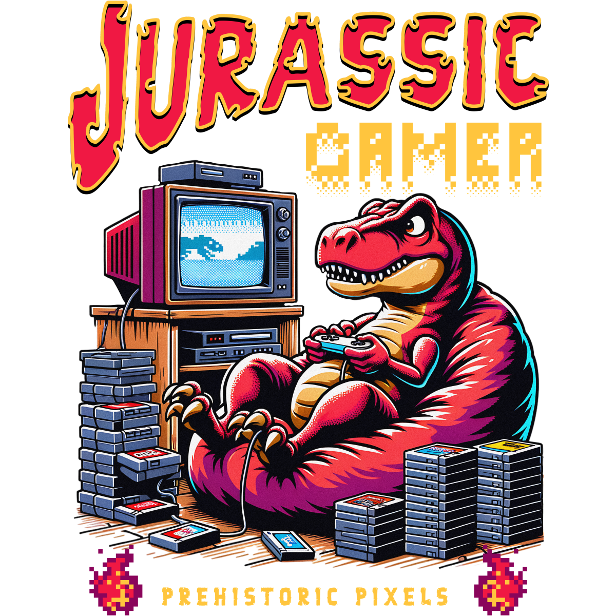 Dinosaure jouant console rétro vidéo
