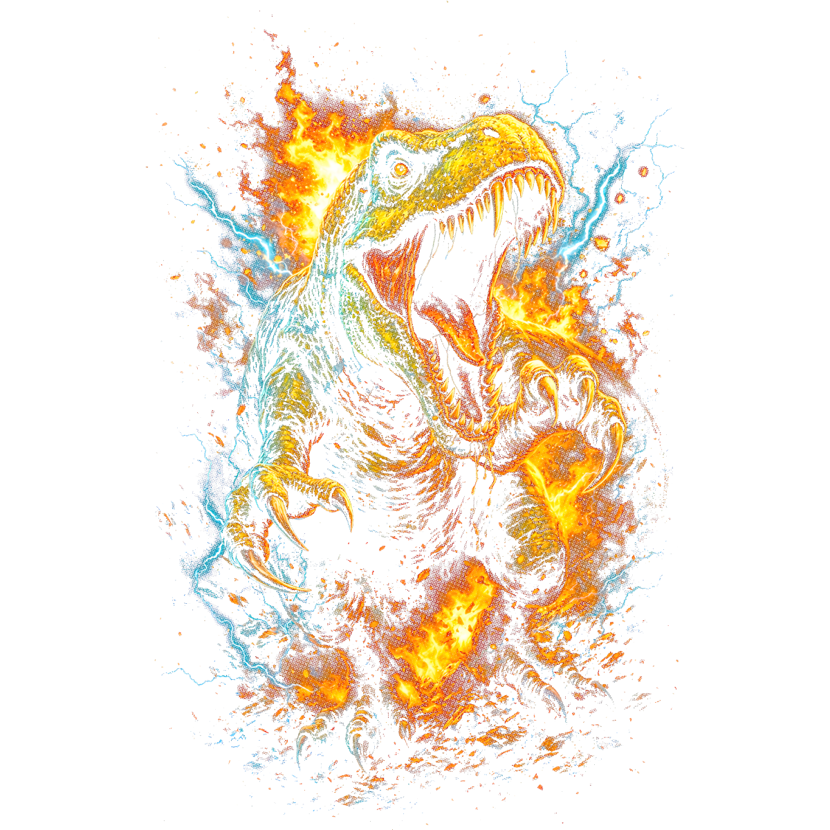 Dinosaure rugissant flammes électriques éclairs