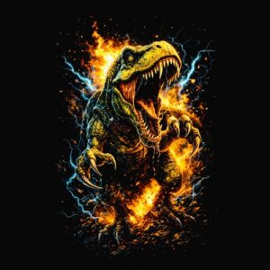 Dinosaure rugissant flammes électriques éclairs