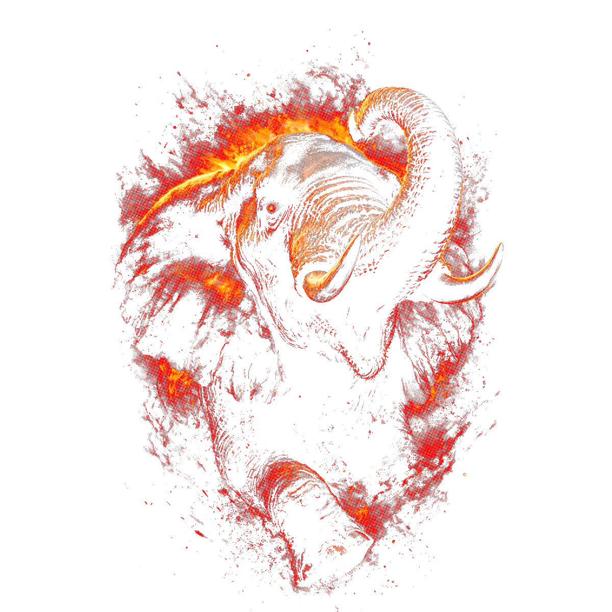 Éléphant crachant flammes éclats rouges