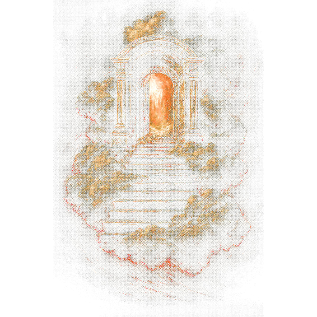 escalier arche lumière nuages mystiques