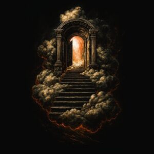 escalier arche lumière nuages mystiques