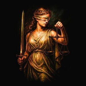 Femme aveugle toge balance épée équilibrée