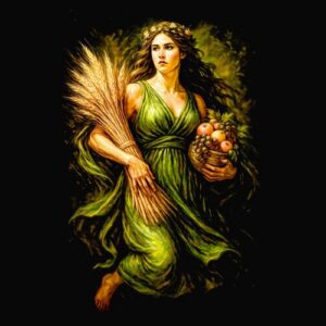 Femme champêtre ivre de moisson et fruits