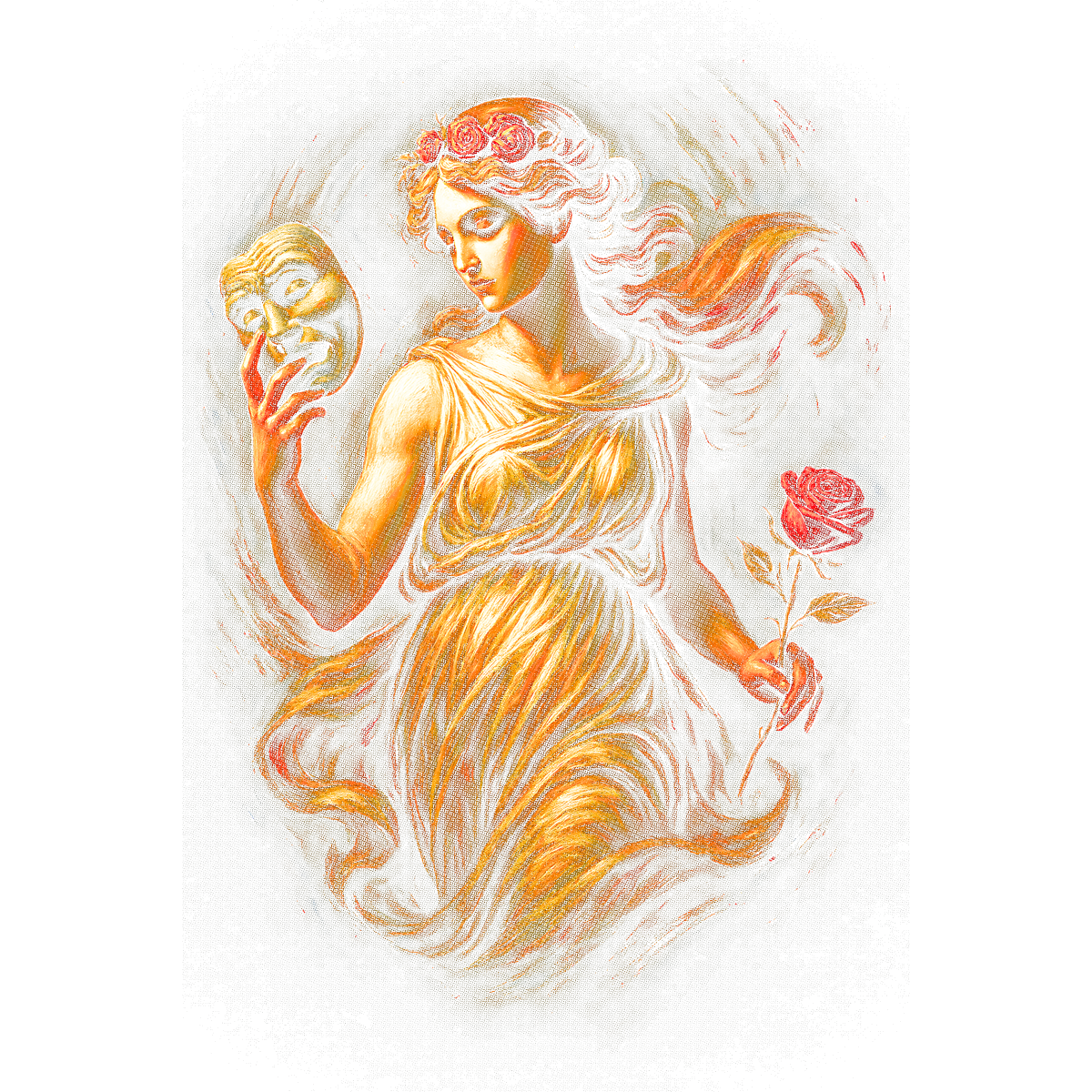 Femme drapée tenant masque et rose