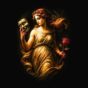 Femme drapée tenant masque et rose